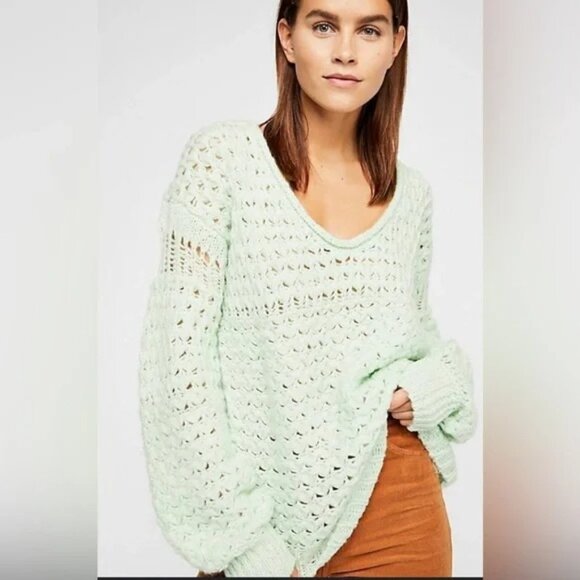 Free People Crashing Waves Pullover Sweater Oversized Wool Blend Mint Knit Sz S - Picture 1 of 8